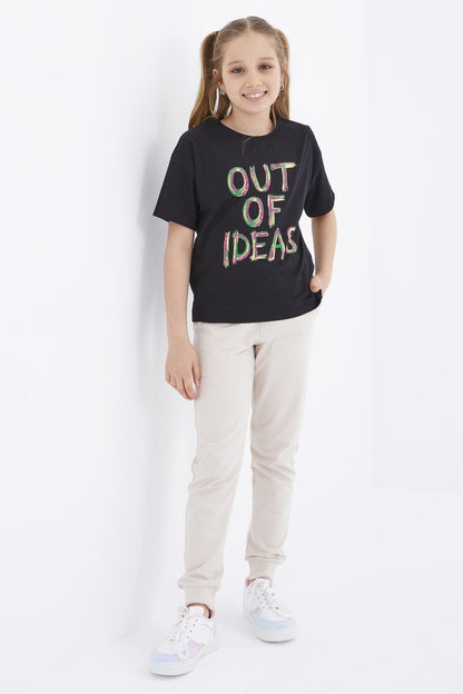 Black Oversize Print O Collar Drop Shoulder Girl's T-Shirt - 75028