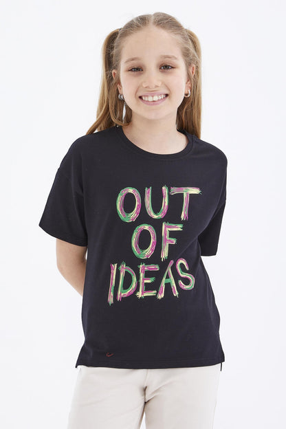 Black Oversize Print O Collar Drop Shoulder Girl's T-Shirt - 75028