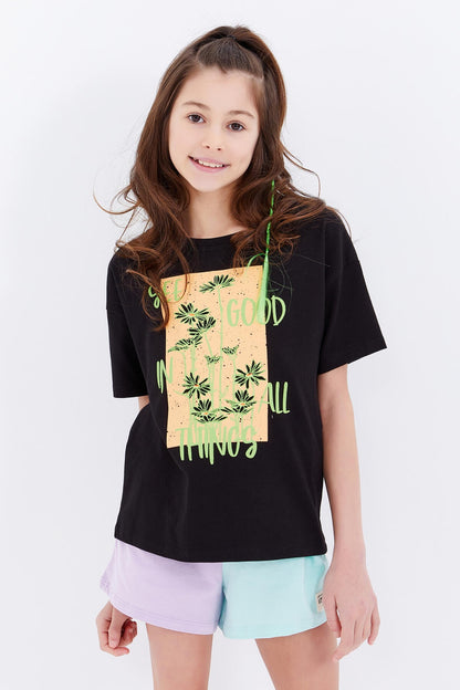 Black Oversize Print O Collar Low Shoulder Girl's T-Shirt - 75032