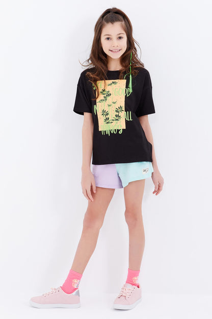 Black Oversize Print O Collar Low Shoulder Girl's T-Shirt - 75032