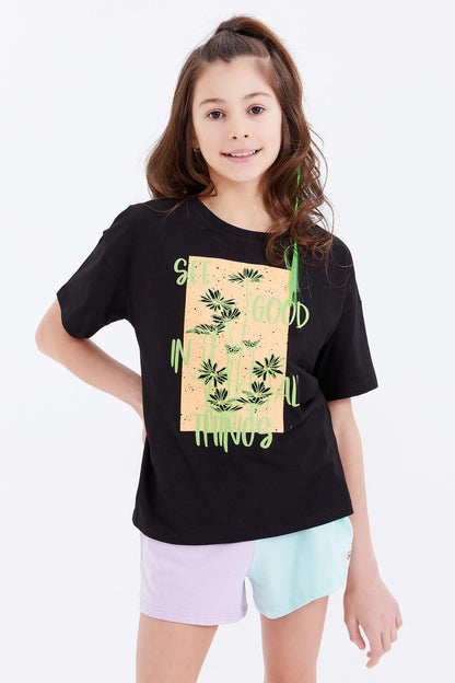 Black Oversize Print O Collar Low Shoulder Girl's T-Shirt - 75032