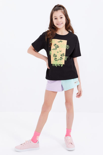 Black Oversize Print O Collar Low Shoulder Girl's T-Shirt - 75032