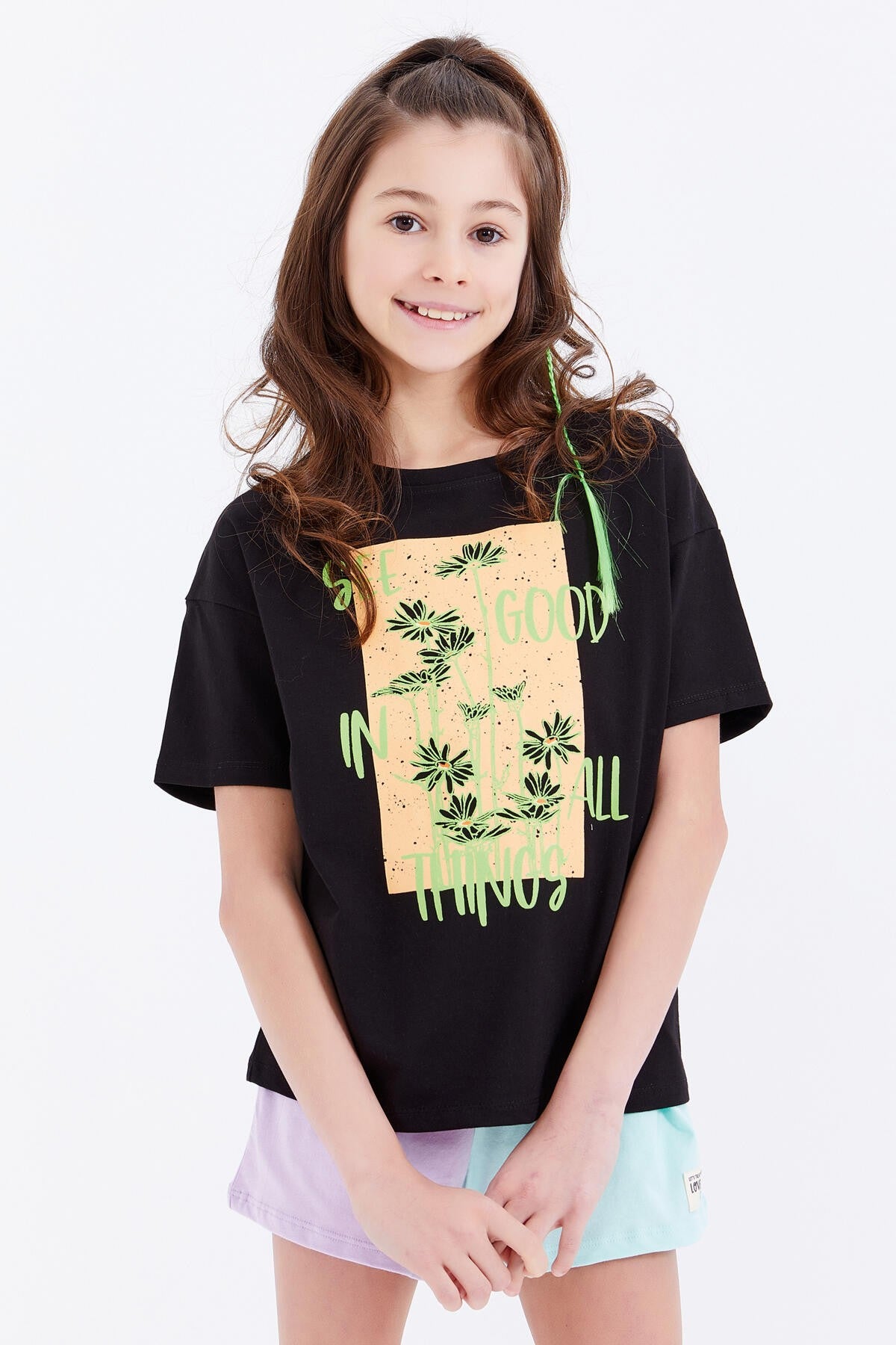 Black Oversize Print O Collar Low Shoulder Girl's T-Shirt - 75032