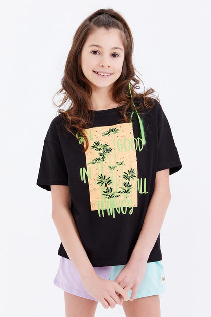 Black Oversize Print O Collar Low Shoulder Girl's T-Shirt - 75032