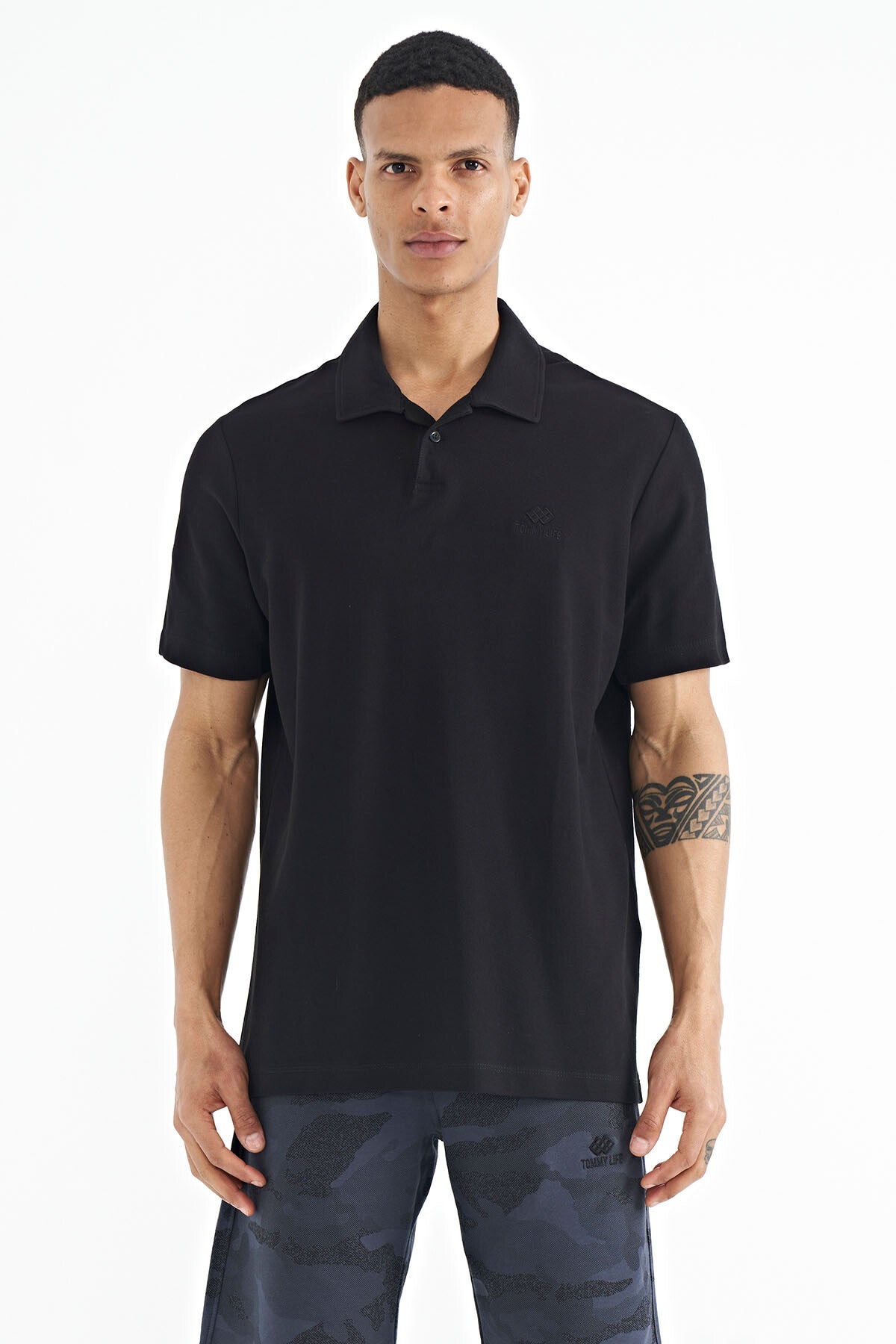 Black Polo Collar Embroidered Logo Standard Fit Men's T-shirt - 88237