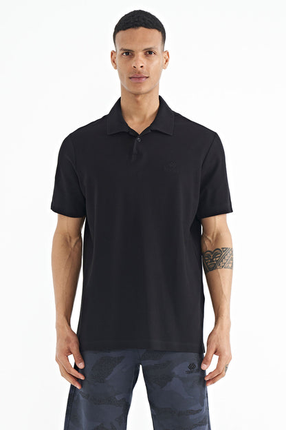 Black Polo Collar Embroidered Logo Standard Fit Men's T-shirt - 88237