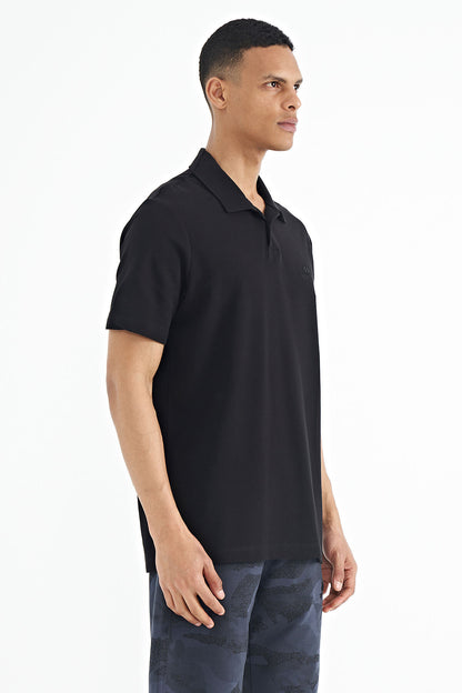 Black Polo Collar Embroidered Logo Standard Fit Men's T-shirt - 88237