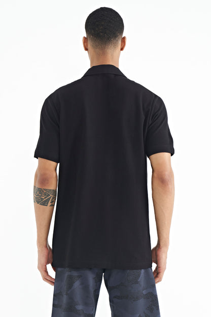 Black Polo Collar Embroidered Logo Standard Fit Men's T-shirt - 88237