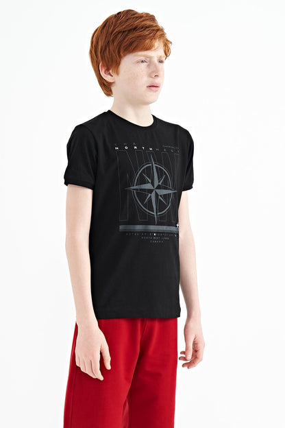 Black Compass Printed Standard Fit O Collar Boys T-Shirt - 11106
