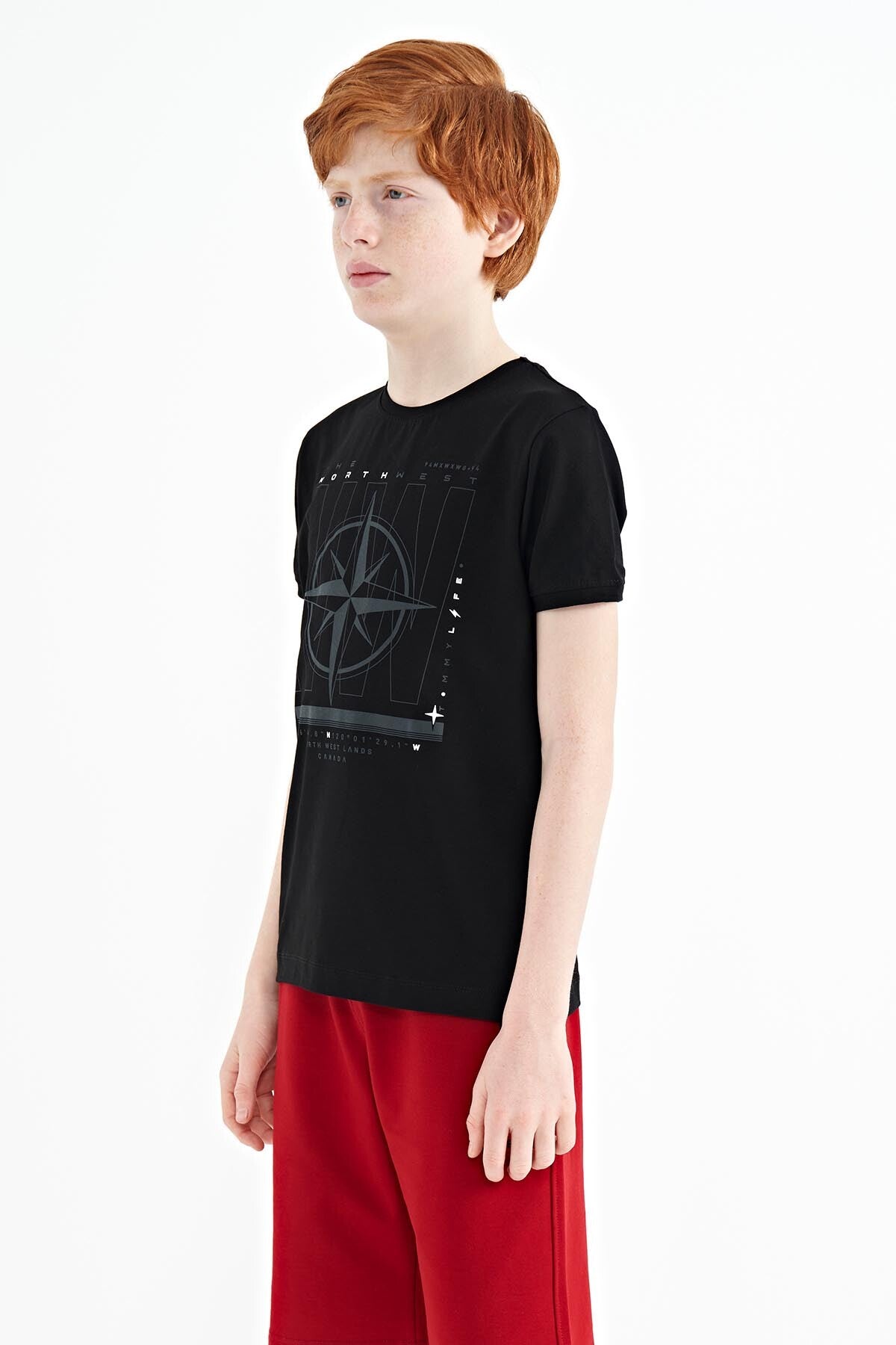 Black Compass Printed Standard Fit O Collar Boys T-Shirt - 11106