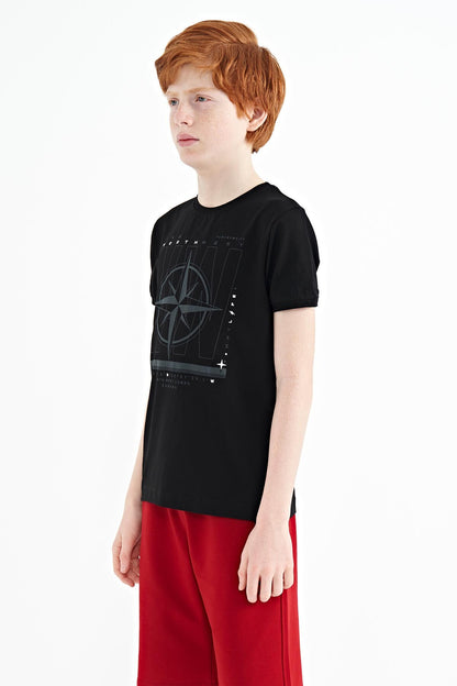 Black Compass Printed Standard Fit O Collar Boys T-Shirt - 11106