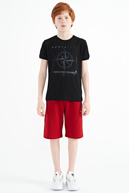 Black Compass Printed Standard Fit O Collar Boys T-Shirt - 11106