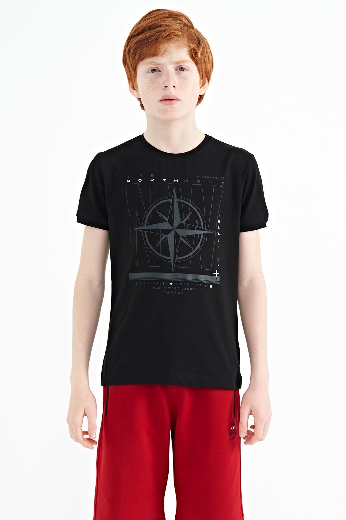 Black Compass Printed Standard Fit O Collar Boys T-Shirt - 11106