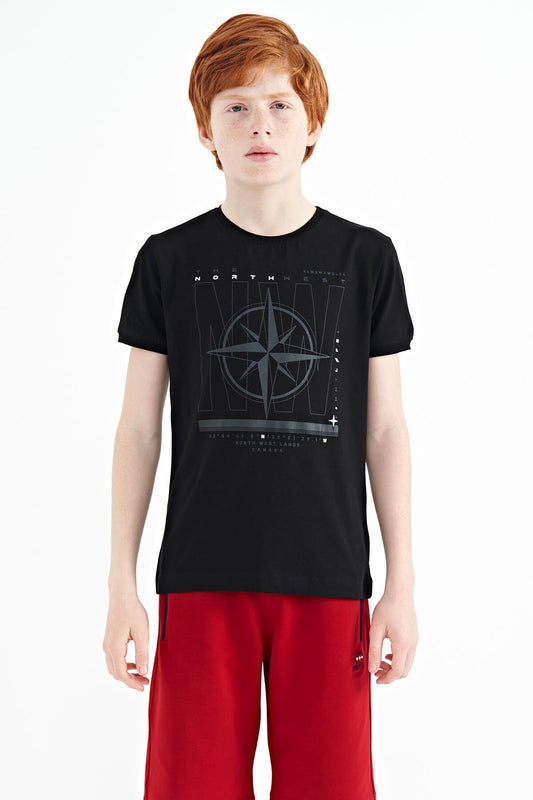 Black Compass Printed Standard Fit O Collar Boys T-Shirt - 11106