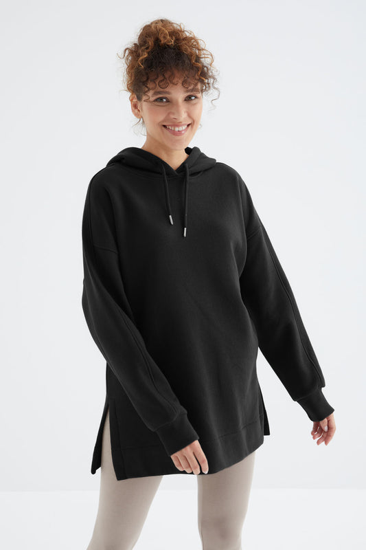 Black Raglan Collar Basic Hooded Oversize Sweatshirt Tunic - 97242