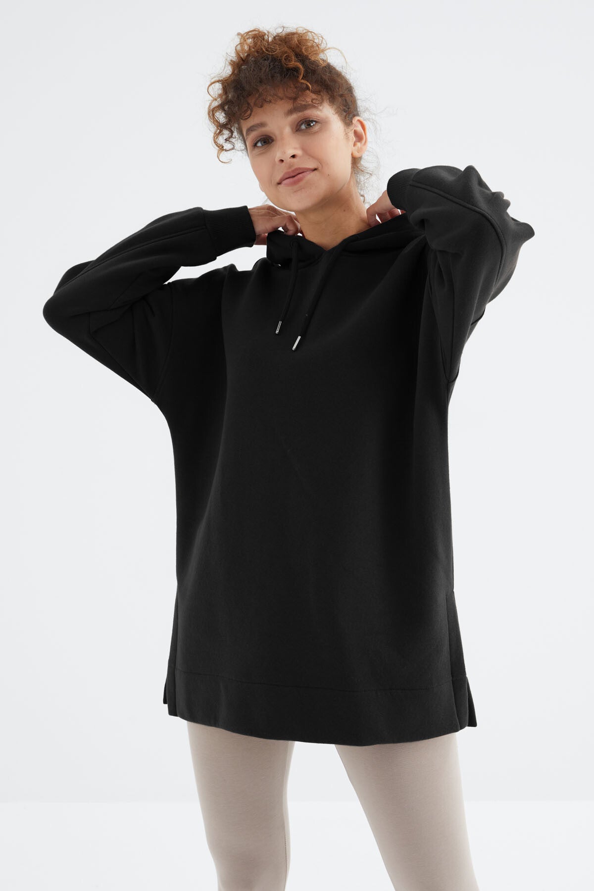 Black Raglan Collar Basic Hooded Oversize Sweatshirt Tunic - 97242