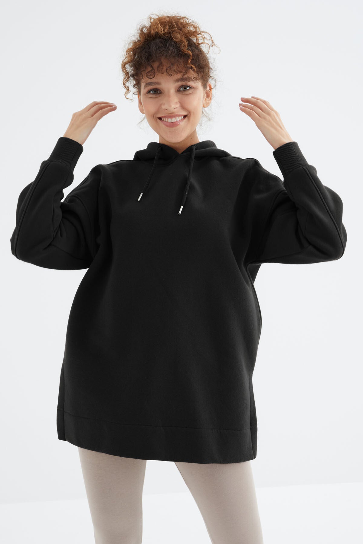Black Raglan Collar Basic Hooded Oversize Sweatshirt Tunic - 97242