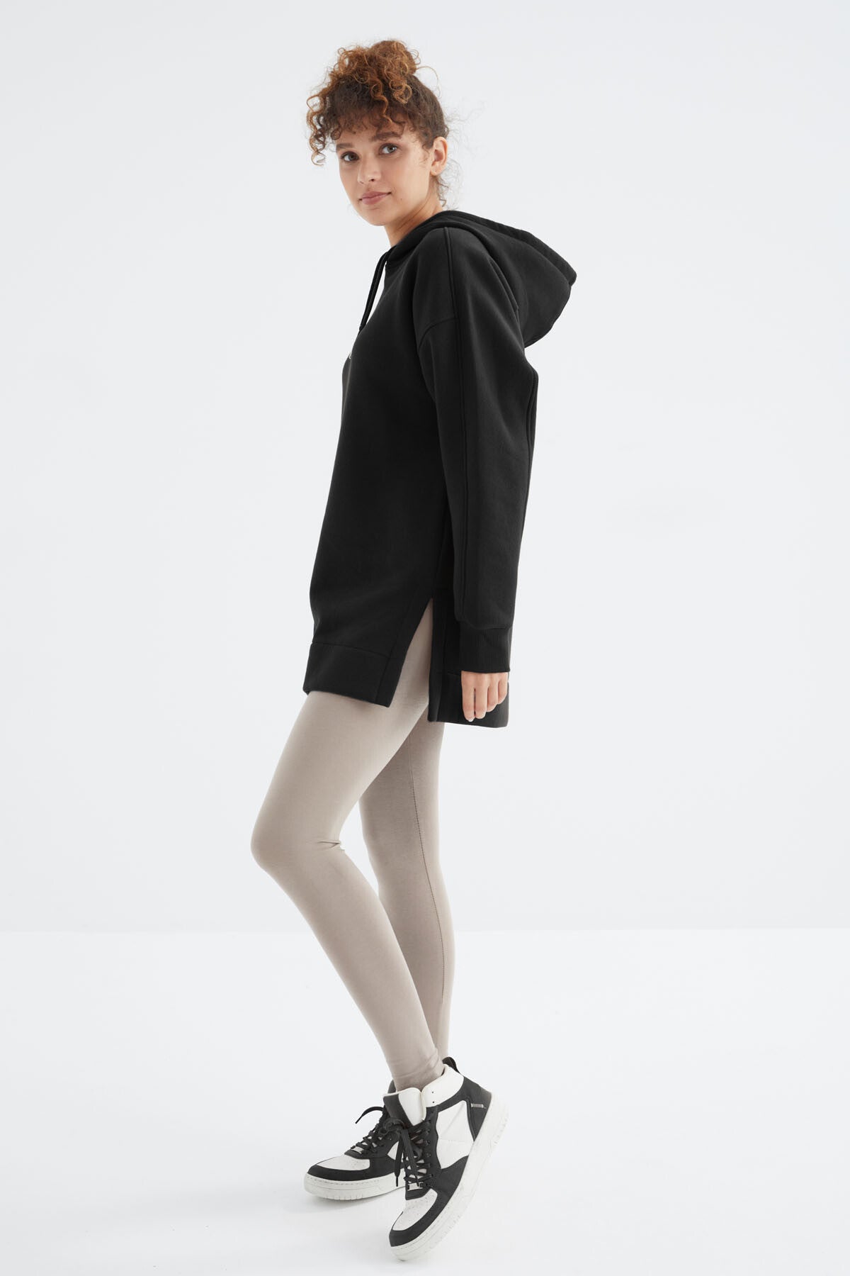 Black Raglan Collar Basic Hooded Oversize Sweatshirt Tunic - 97242