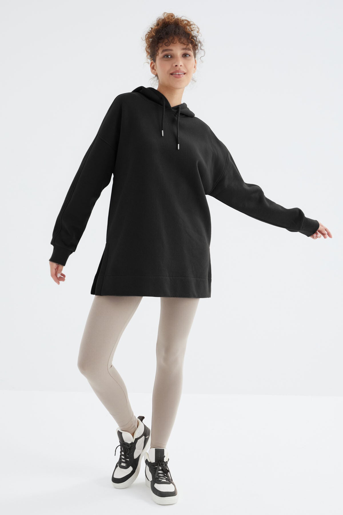 Black Raglan Collar Basic Hooded Oversize Sweatshirt Tunic - 97242