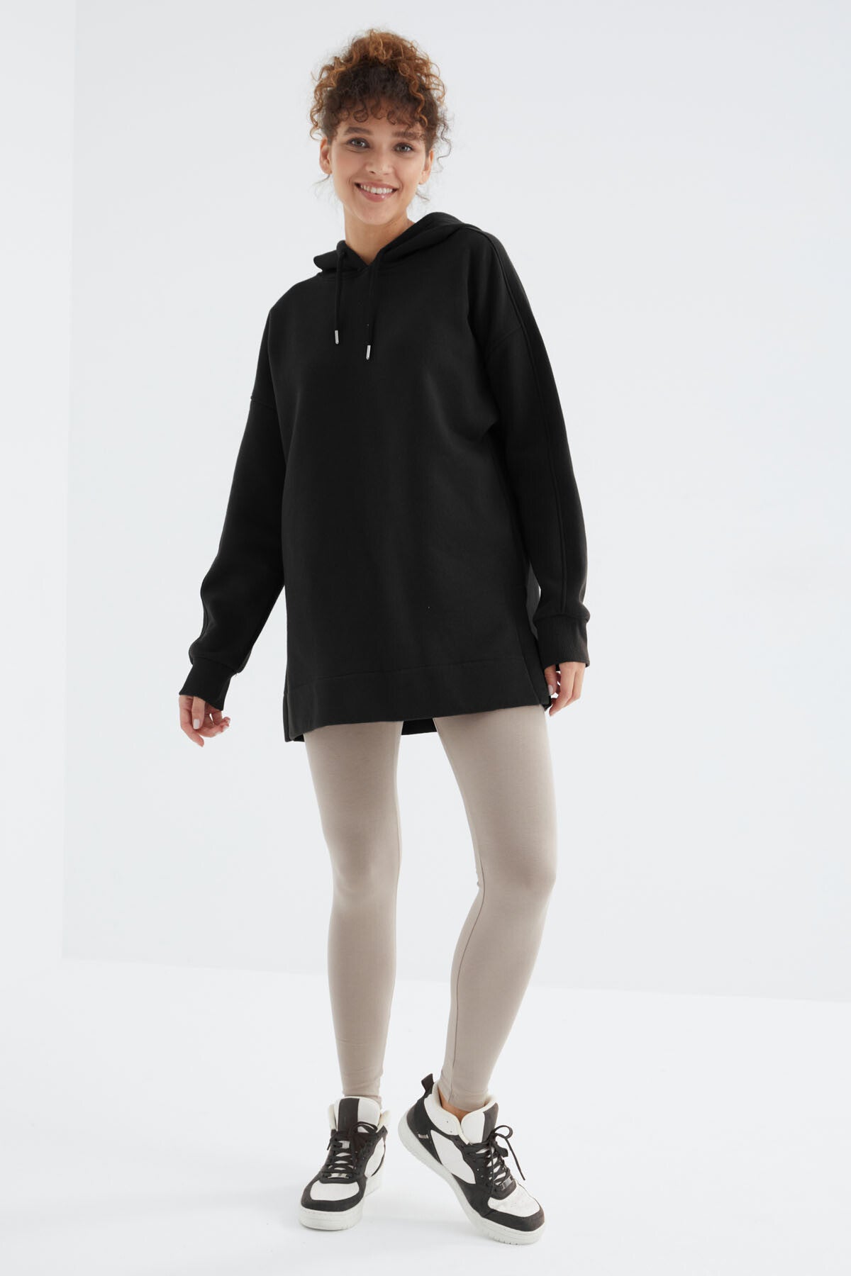 Black Raglan Collar Basic Hooded Oversize Sweatshirt Tunic - 97242