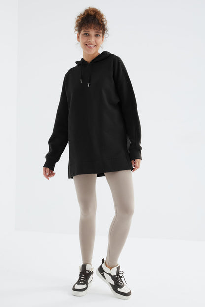 Black Raglan Collar Basic Hooded Oversize Sweatshirt Tunic - 97242