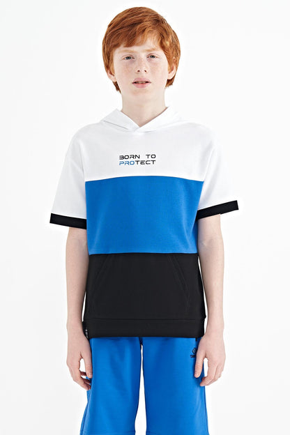 Black Color Block Kangaroo Pocket Hooded Oversize Boys T-Shirt - 11150