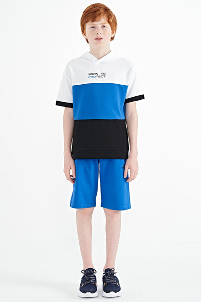 Black Color Block Kangaroo Pocket Hooded Oversize Boys T-Shirt - 11150