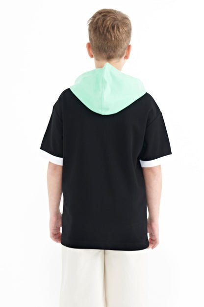 Black Color Block Hooded Kangaroo Pocket Oversize Boys T-Shirt - 11148