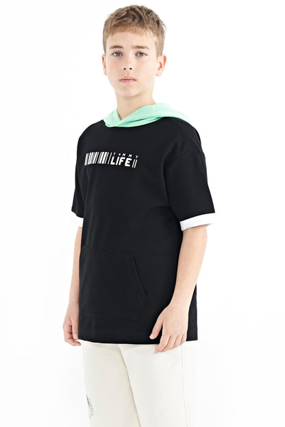 Black Color Block Hooded Kangaroo Pocket Oversize Boys T-Shirt - 11148