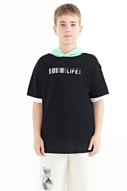 Black Color Block Hooded Kangaroo Pocket Oversize Boys T-Shirt - 11148