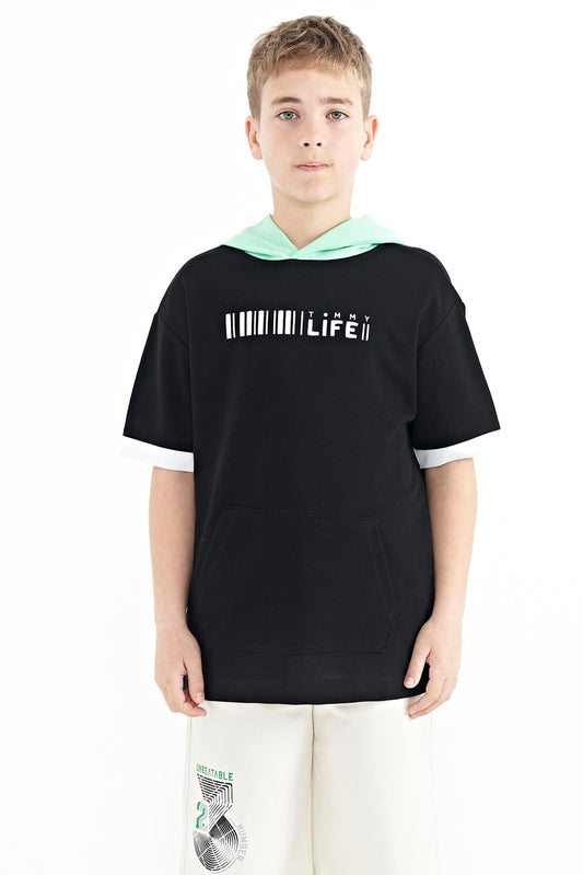 Black Color Block Hooded Kangaroo Pocket Oversize Boys T-Shirt - 11148