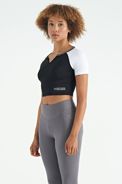Black Color Block Logo Printed O Collar Slim Fit Women's Crop T-Shirt - 97270