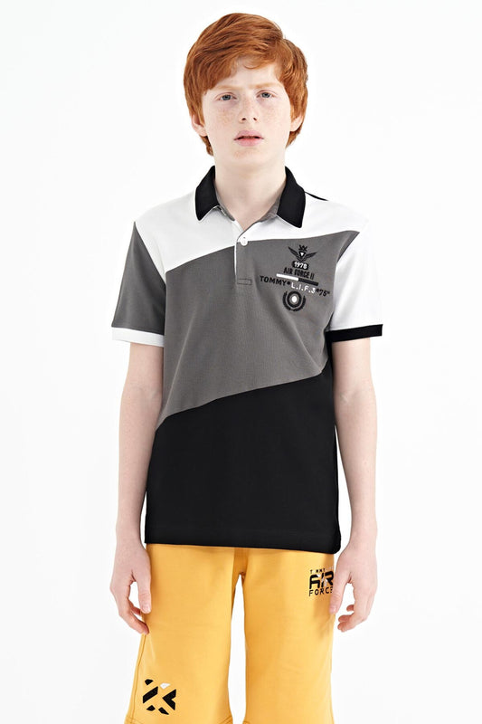 Black Color Block Embroidered Detailed Standard Pattern Polo Collar Boys T-Shirt - 11088