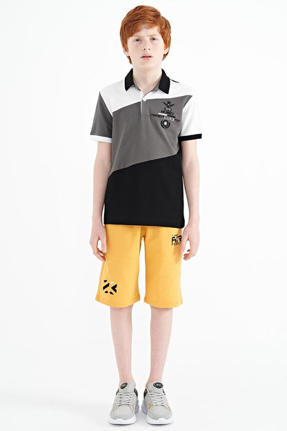 Black Color Block Embroidered Detailed Standard Pattern Polo Collar Boys T-Shirt - 11088
