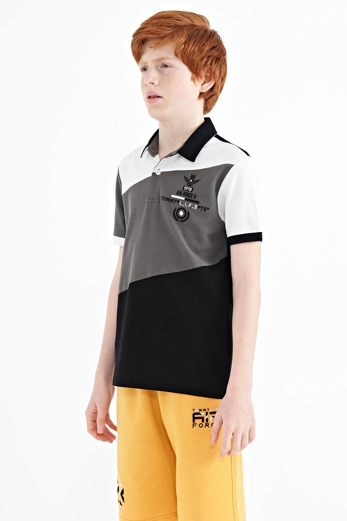 Black Color Block Embroidered Detailed Standard Pattern Polo Collar Boys T-Shirt - 11088
