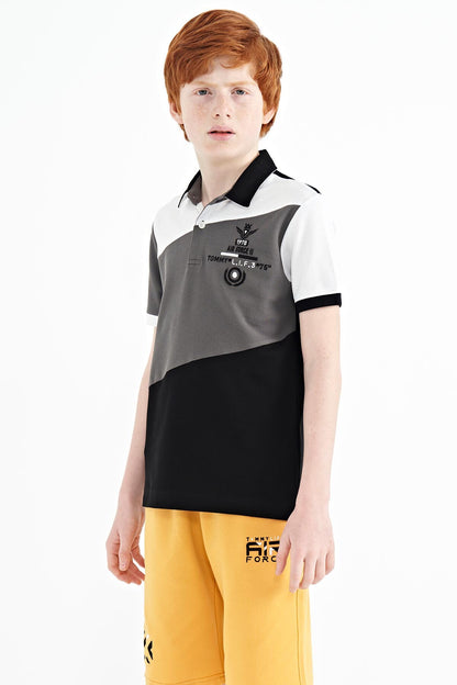 Black Color Block Embroidered Detailed Standard Pattern Polo Collar Boys T-Shirt - 11088