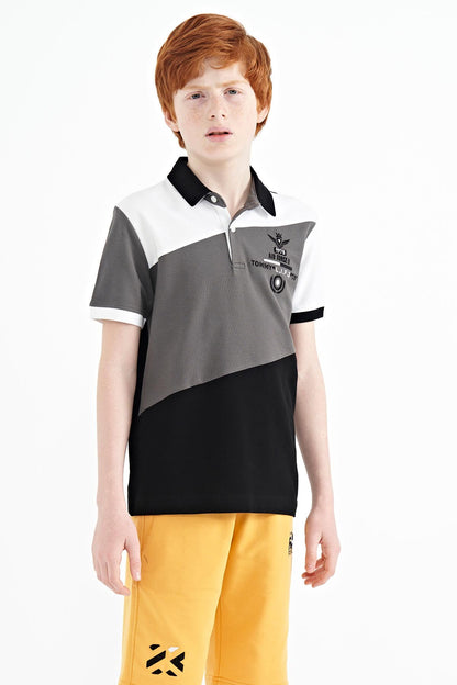 Black Color Block Embroidered Detailed Standard Pattern Polo Collar Boys T-Shirt - 11088