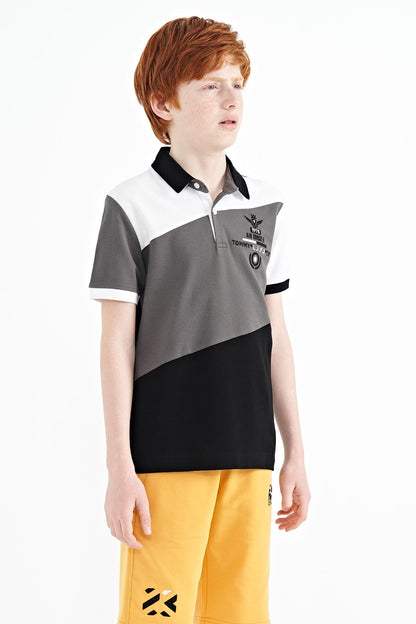 Black Color Block Embroidered Detailed Standard Pattern Polo Collar Boys T-Shirt - 11088