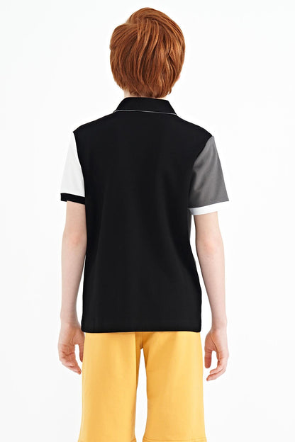 Black Color Block Embroidered Detailed Standard Pattern Polo Collar Boys T-Shirt - 11088