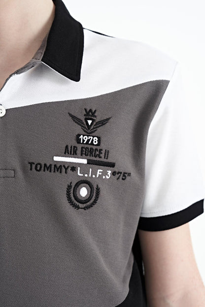 Black Color Block Embroidered Detailed Standard Pattern Polo Collar Boys T-Shirt - 11088