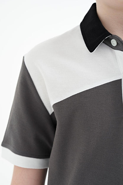 Black Color Block Embroidered Detailed Standard Pattern Polo Collar Boys T-Shirt - 11088