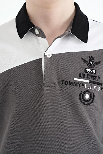Black Color Block Embroidered Detailed Standard Pattern Polo Collar Boys T-Shirt - 11088