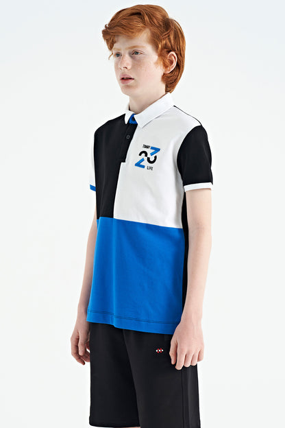 Black Color Block Embroidered Detailed Standard Pattern Polo Collar Boys T-Shirt - 11108