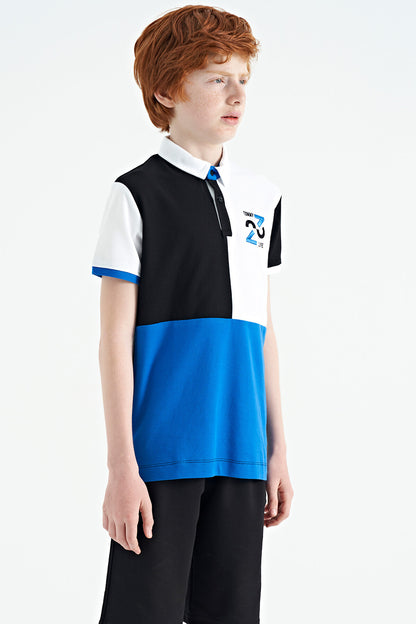 Black Color Block Embroidered Detailed Standard Pattern Polo Collar Boys T-Shirt - 11108