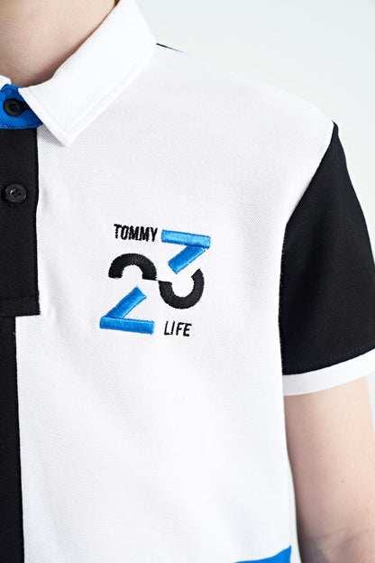 Black Color Block Embroidered Detailed Standard Pattern Polo Collar Boys T-Shirt - 11108