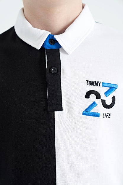 Black Color Block Embroidered Detailed Standard Pattern Polo Collar Boys T-Shirt - 11108