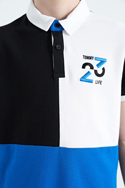 Black Color Block Embroidered Detailed Standard Pattern Polo Collar Boys T-Shirt - 11108