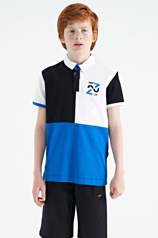 Black Color Block Embroidered Detailed Standard Pattern Polo Collar Boys T-Shirt - 11108