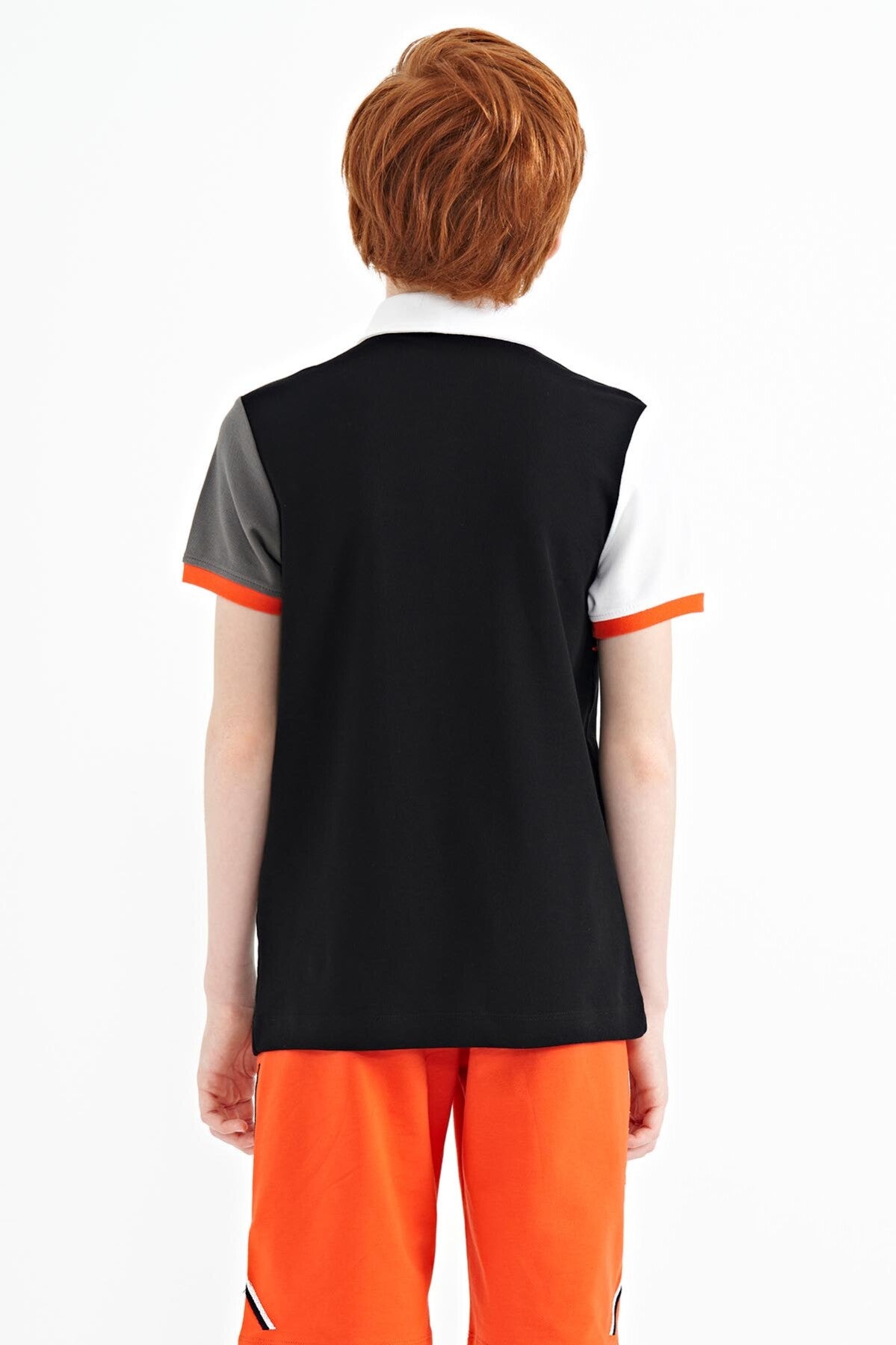 Black Color Block Embroidered Letter Detailed Standard Pattern Polo Collar Boys' T-Shirt - 11109