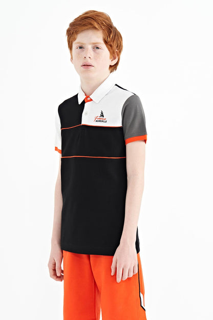 Black Color Block Embroidered Letter Detailed Standard Pattern Polo Collar Boys' T-Shirt - 11109